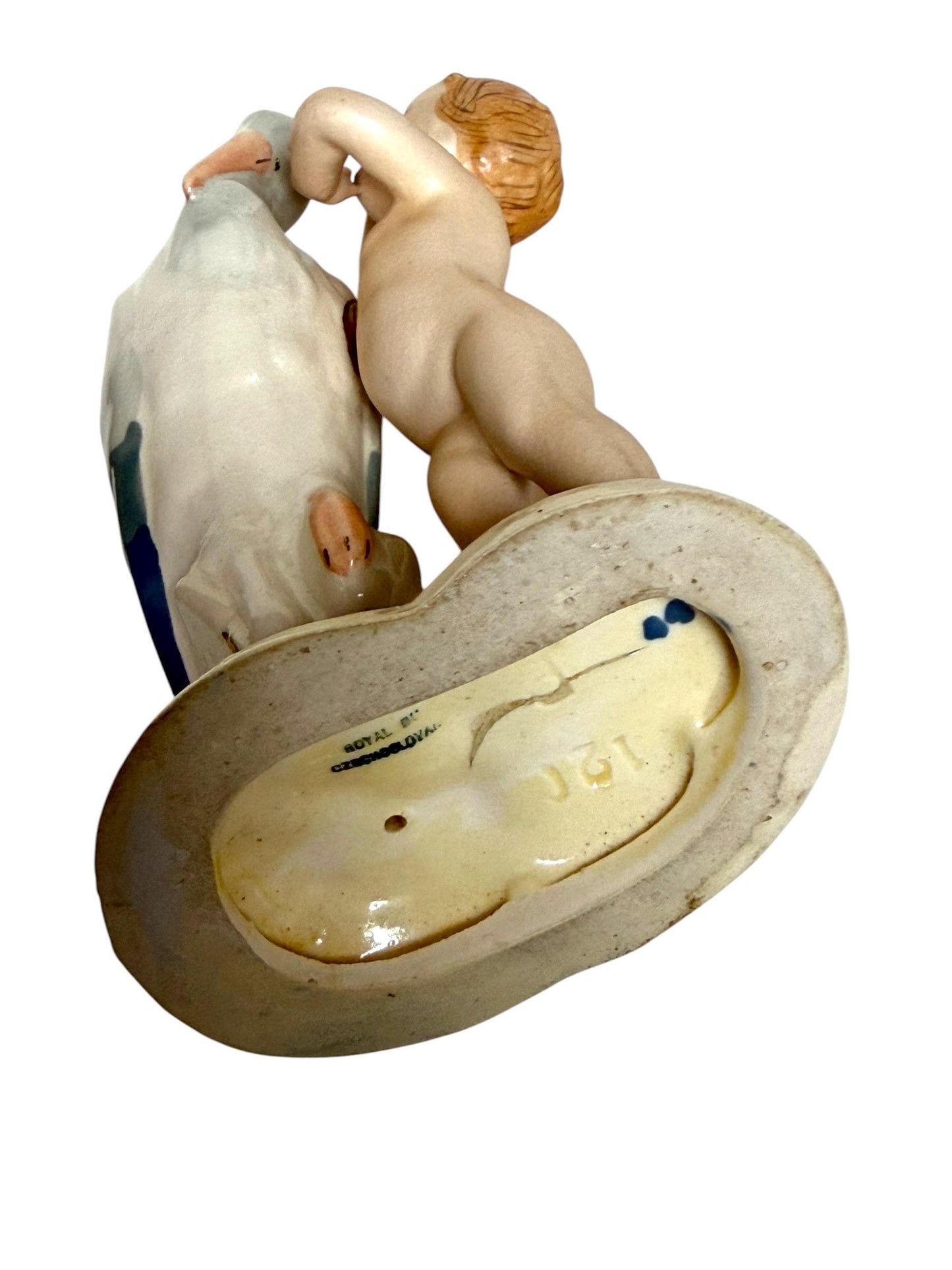 Antique Royal Dux Bohemia Porcelain Figurine – Child with Stork – ca. 1920 Birth nursery present collectible, pastel baby boy girl