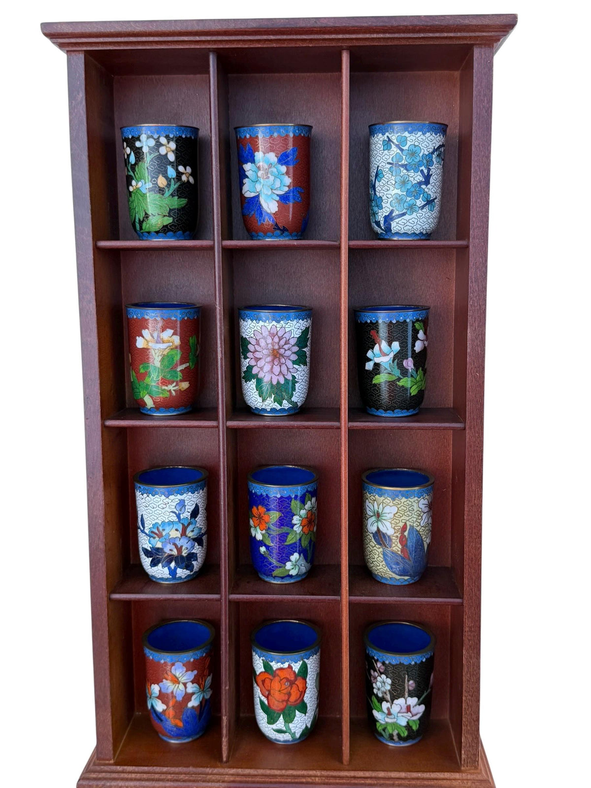 Set of 12 Vintage Cloisonné Enamel Cups in Wooden Display Cabinet chinese tea ritual