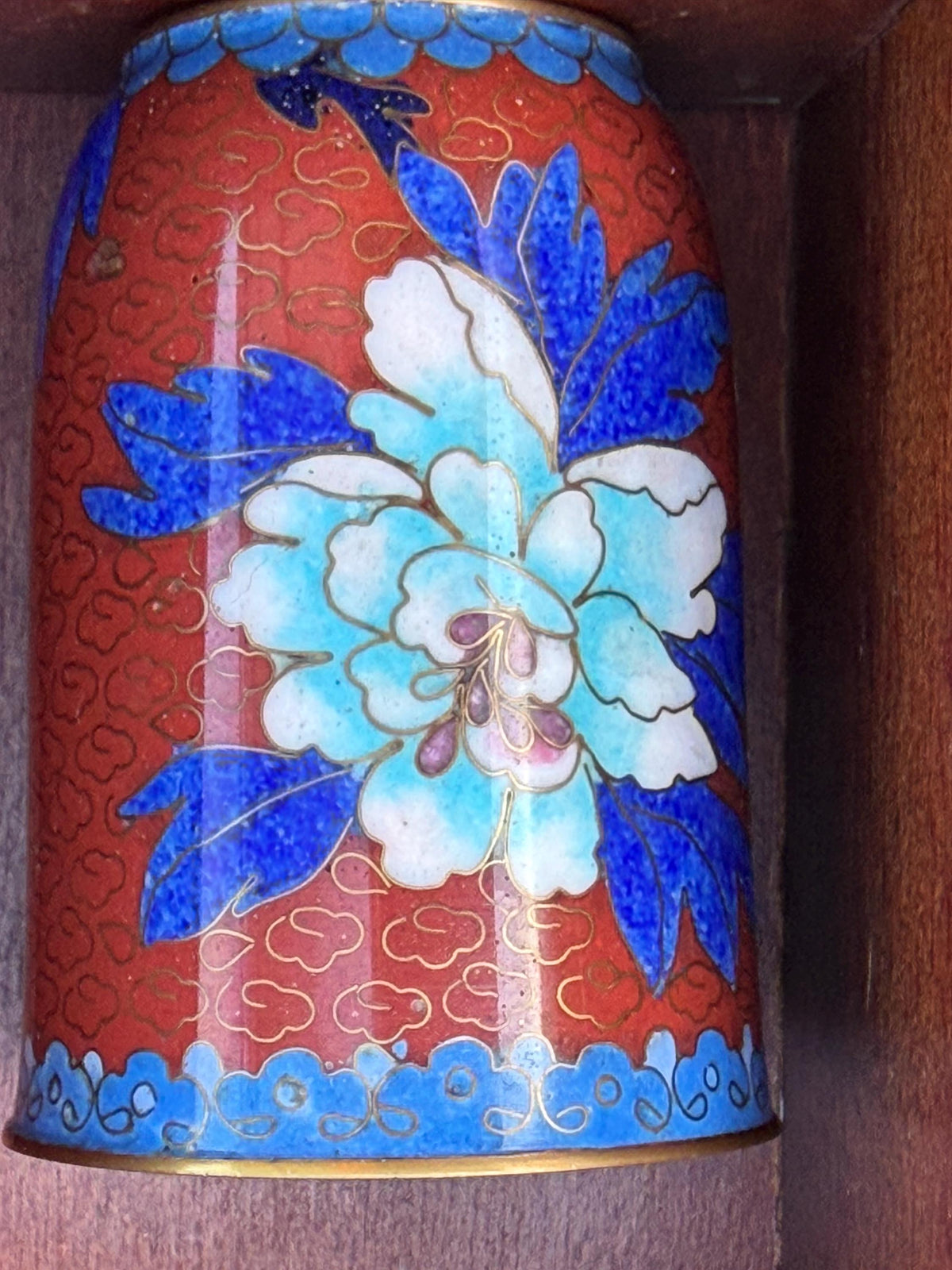 Set of 12 Vintage Cloisonné Enamel Cups in Wooden Display Cabinet chinese tea ritual