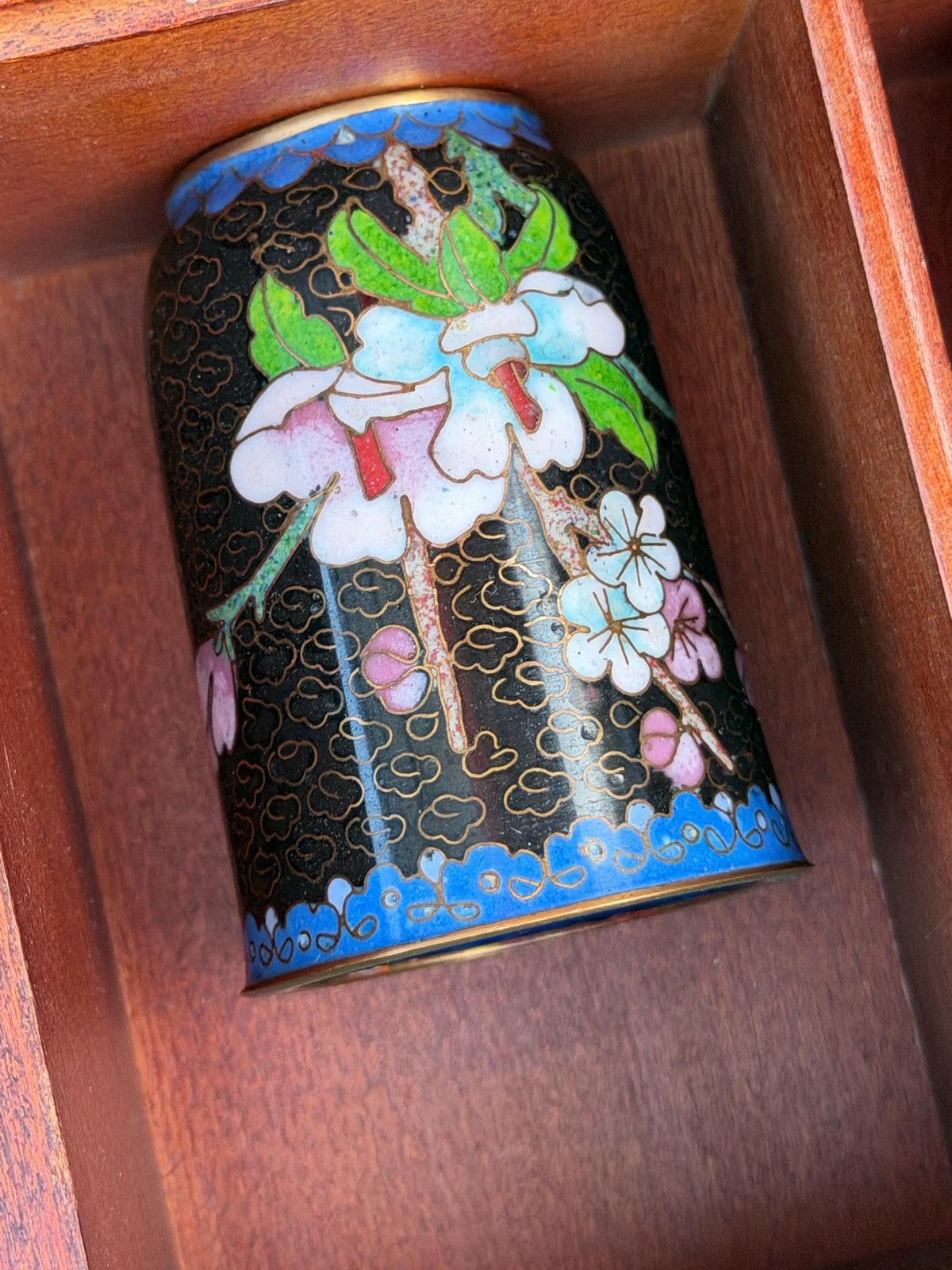 Set of 12 Vintage Cloisonné Enamel Cups in Wooden Display Cabinet chinese tea ritual