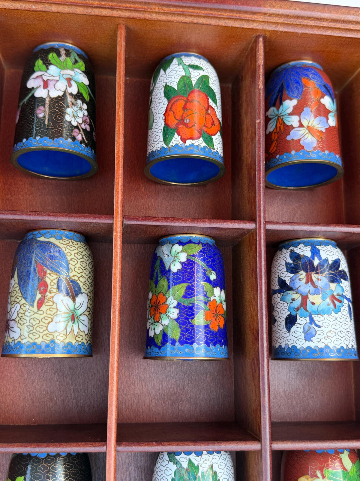 Set of 12 Vintage Cloisonné Enamel Cups in Wooden Display Cabinet chinese tea ritual