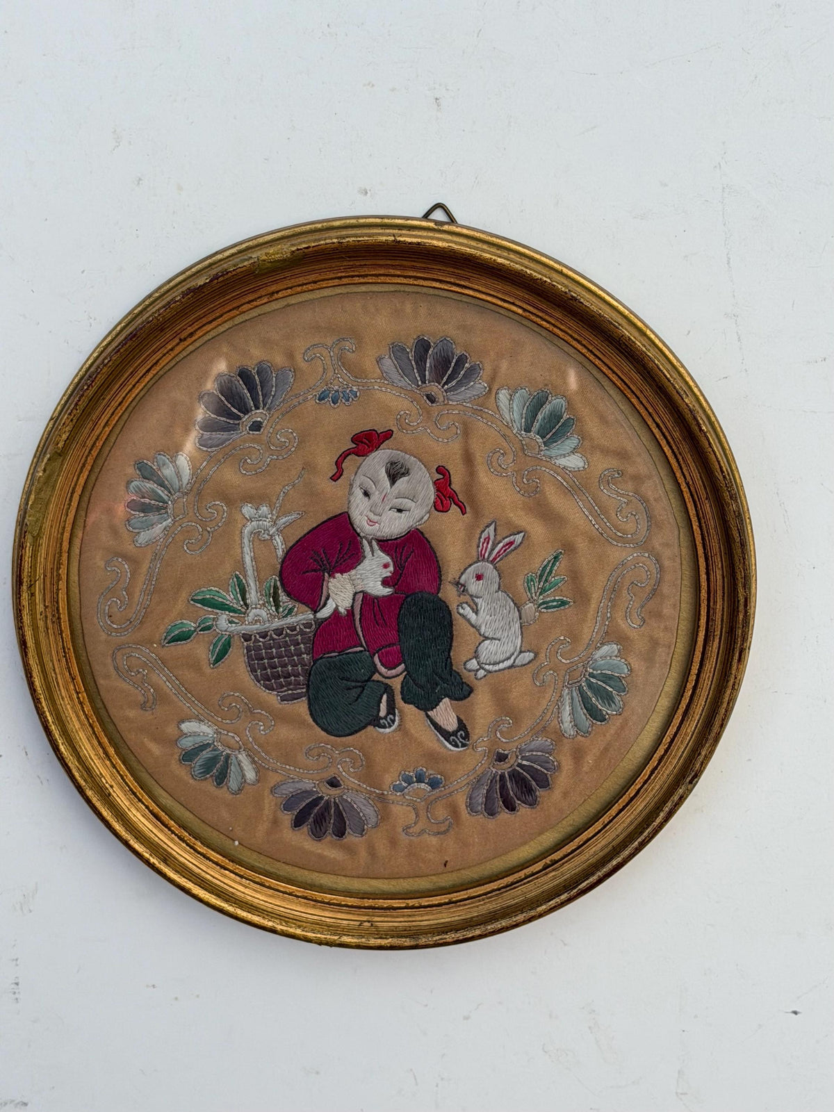 19th Century Chinese Qing Dynasty Silk Embroidery with Boy and Rabbits Gilt frame round