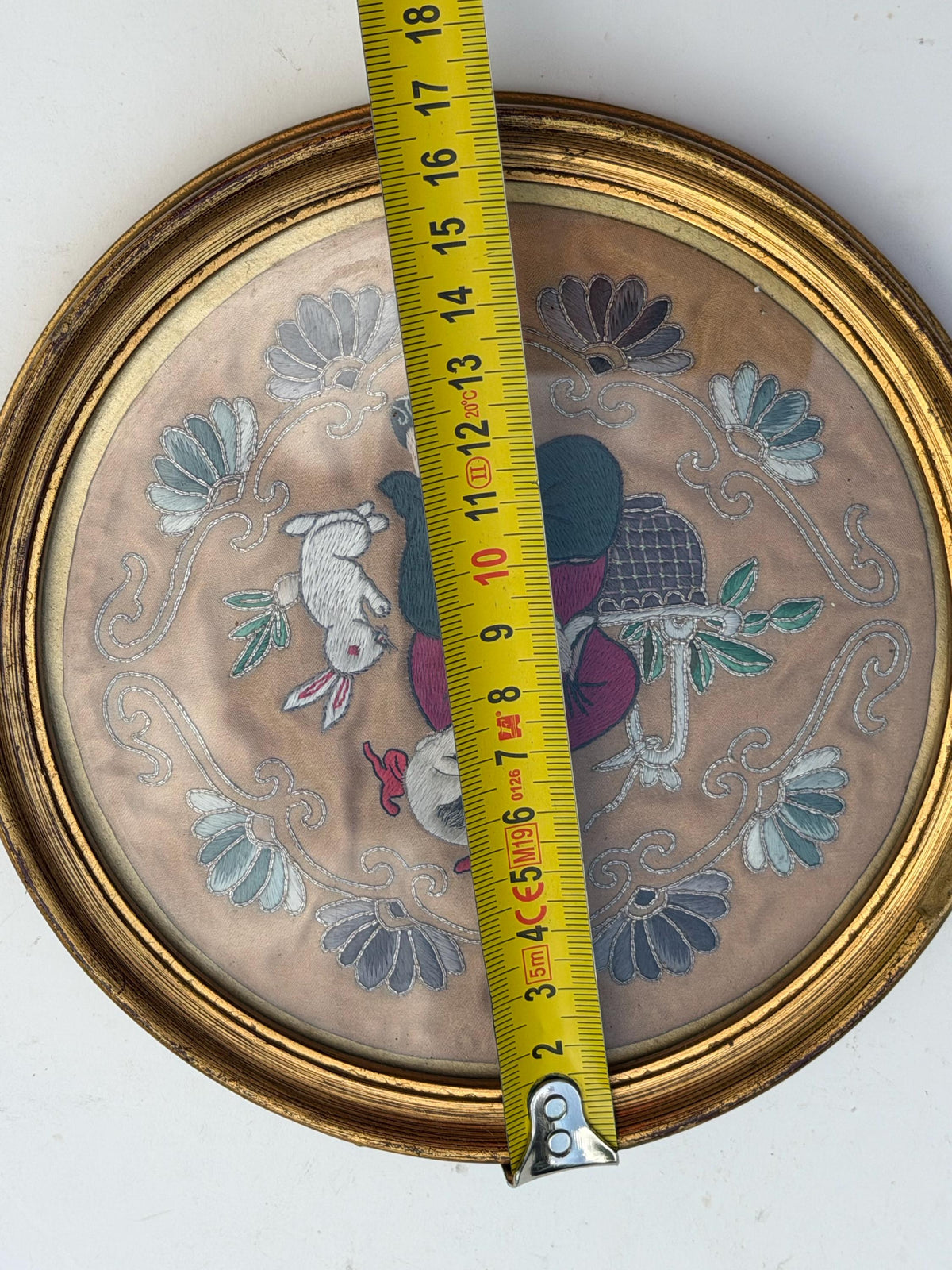 19th Century Chinese Qing Dynasty Silk Embroidery with Boy and Rabbits Gilt frame round