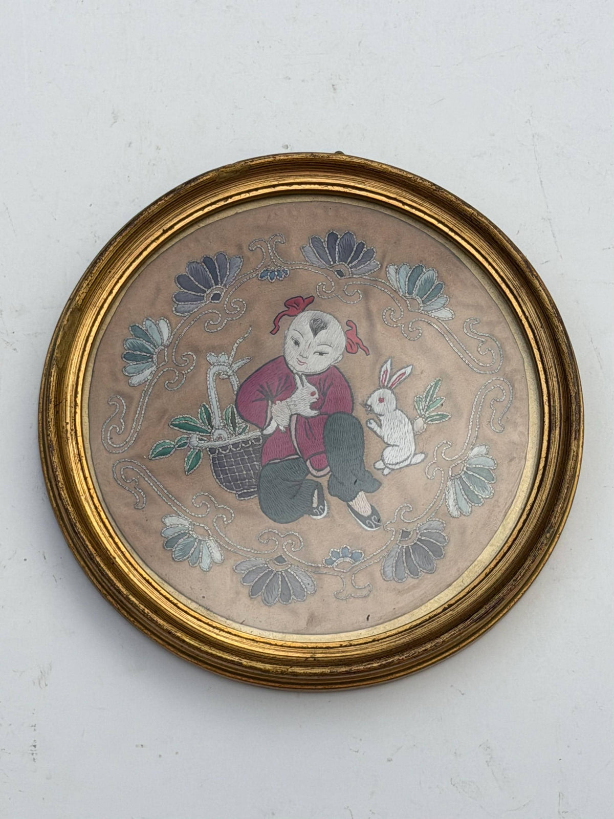 19th Century Chinese Qing Dynasty Silk Embroidery with Boy and Rabbits Gilt frame round