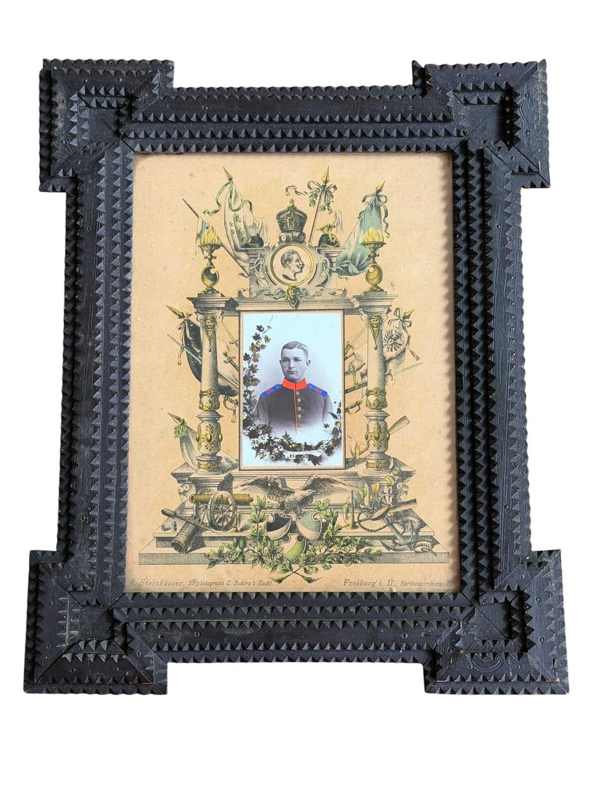 Antique Black Forest Carved Wood Frame with German Military Portrait c.1900 imperial period freiburg