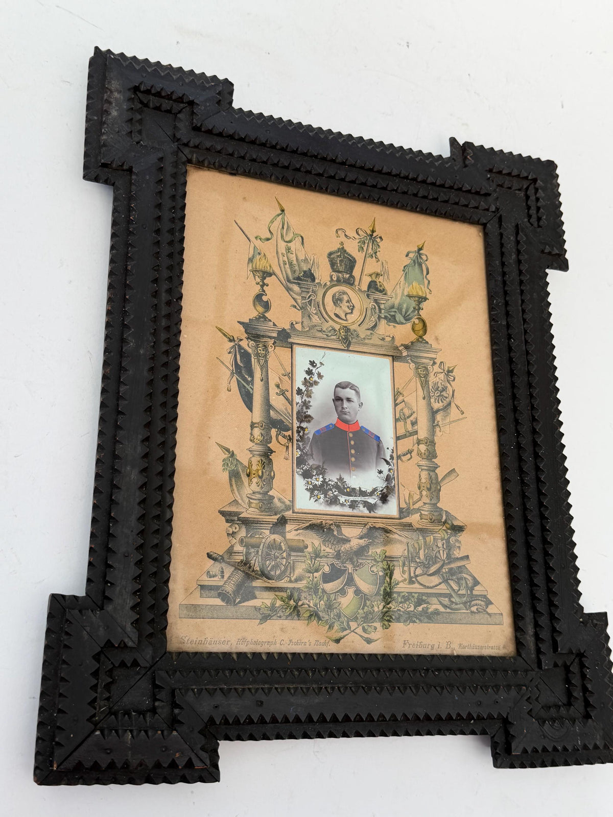 Antique Black Forest Carved Wood Frame with German Military Portrait c.1900 imperial period freiburg