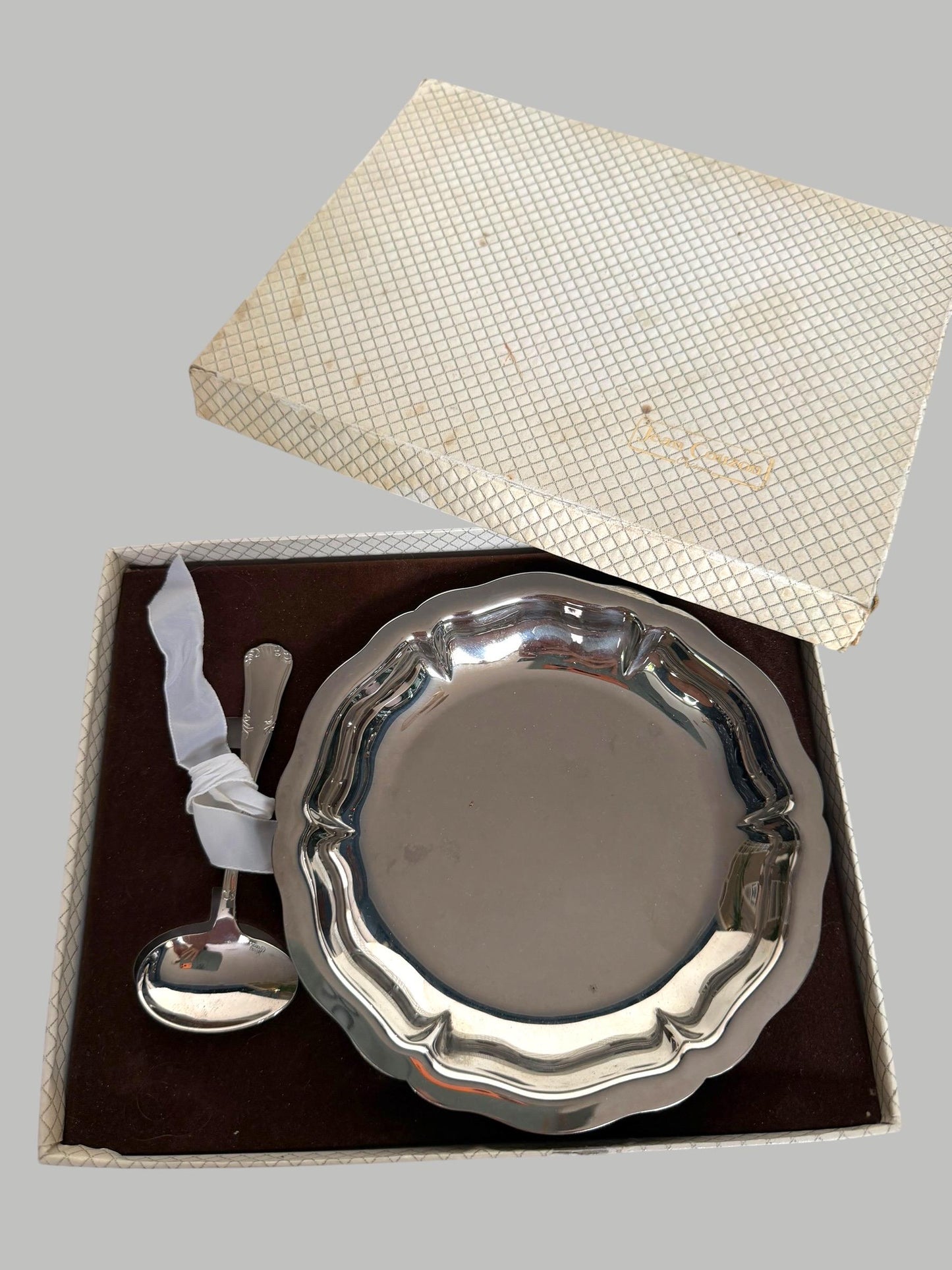Vintage French Silver Plated Baby Bowl and Spoon Set Original Presentation Box Christening shower Gift nurserybaby, Jean Couzon France