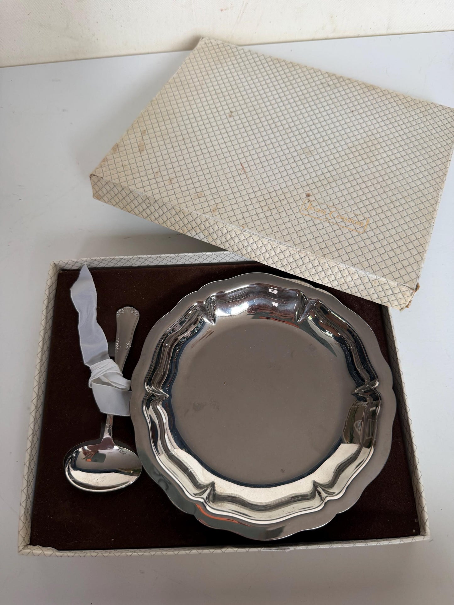 Vintage French Silver Plated Baby Bowl and Spoon Set Original Presentation Box Christening shower Gift nurserybaby, Jean Couzon France