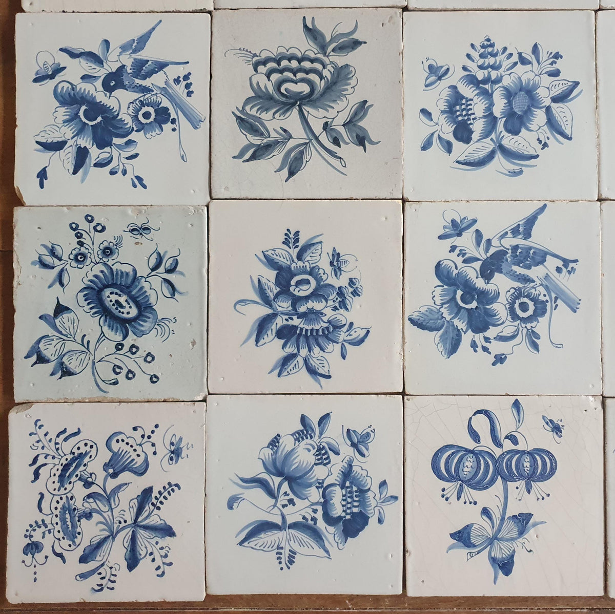 25 x Antique Delft Tiles, 18th Century, Floral Blue Flowers, wall tiles planttile.