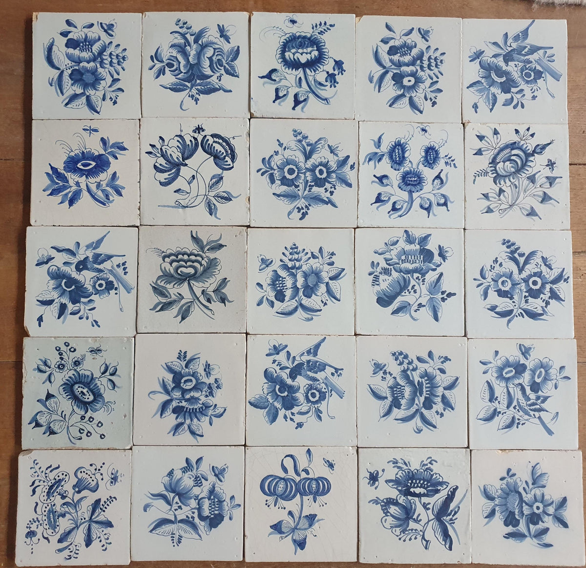 25 x Antique Delft Tiles, 18th Century, Floral Blue Flowers, wall tiles planttile.