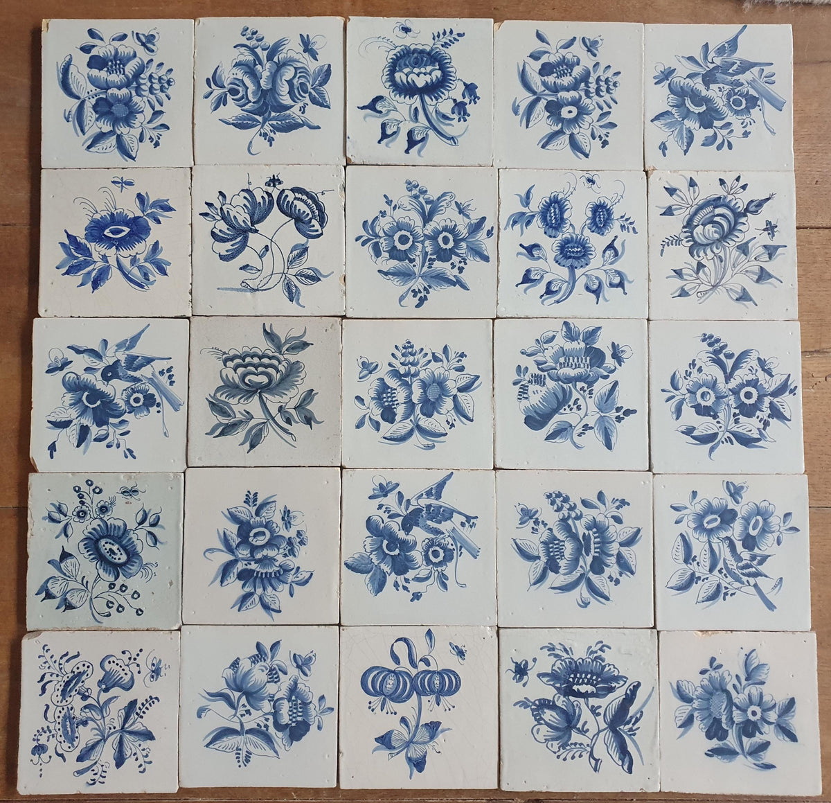 25 x Antique Delft Tiles, 18th Century, Floral Blue Flowers, wall tiles planttile.