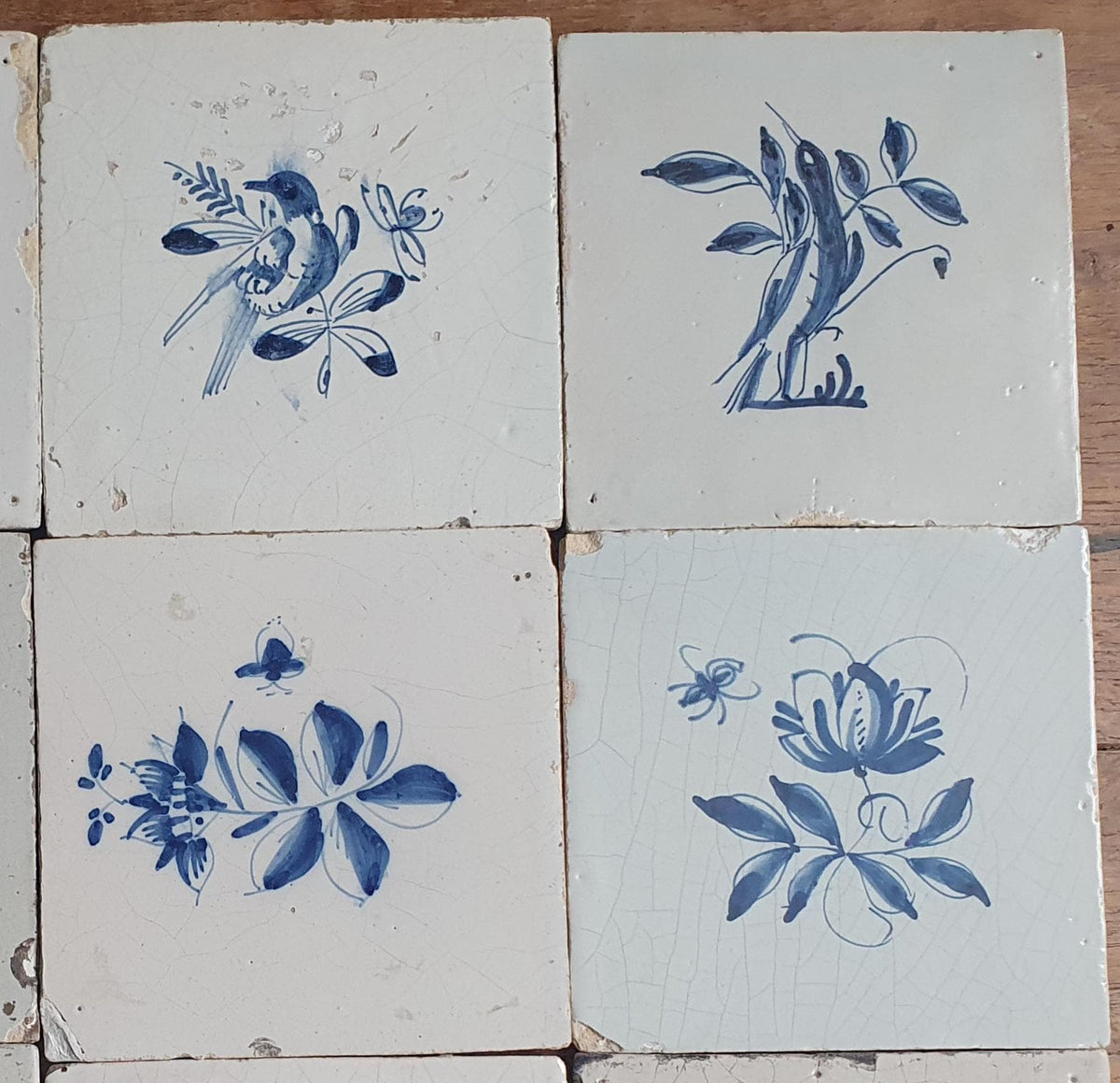 16 x Antique Delft Tiles, 18th Century, Floral Blue Flowers, planttile.