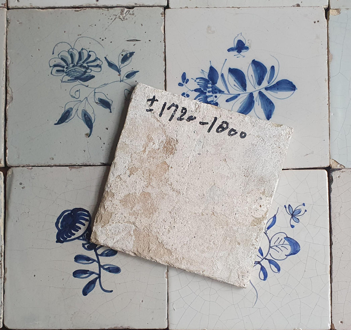 16 x Antique Delft Tiles, 18th Century, Floral Blue Flowers, planttile.