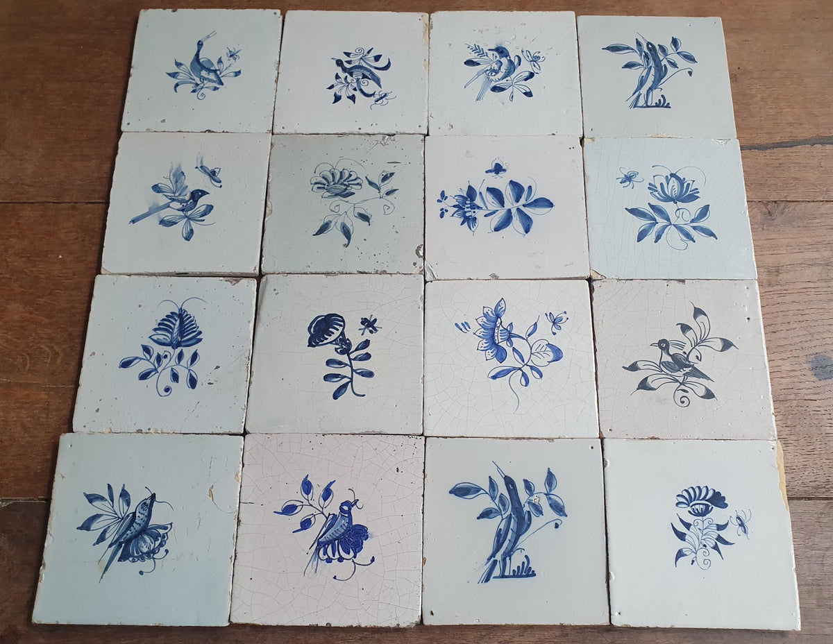 16 x Antique Delft Tiles, 18th Century, Floral Blue Flowers, planttile.