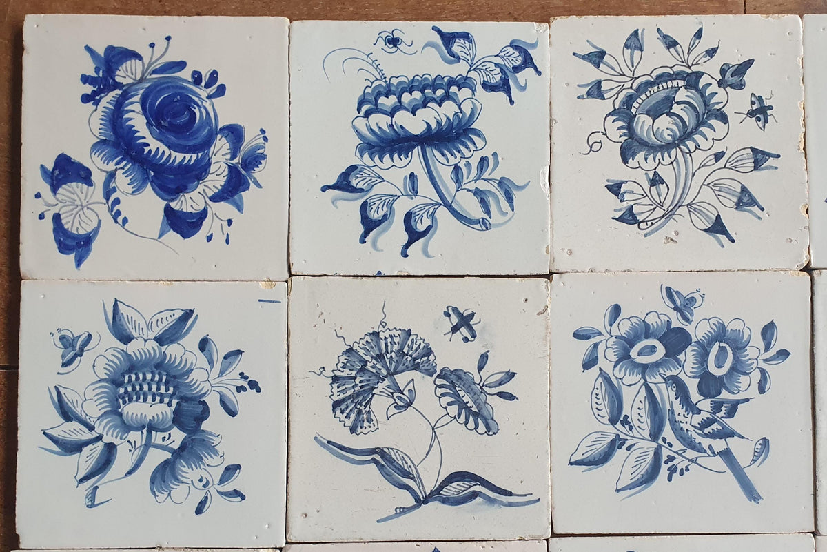 20 x Antique Delft Tiles, 18th Century, Floral Blue Flowers, planttile.