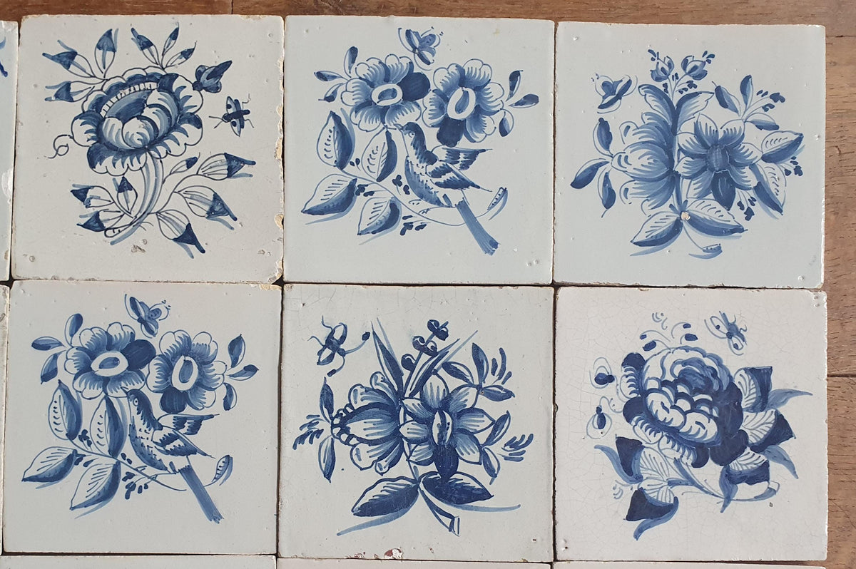 20 x Antique Delft Tiles, 18th Century, Floral Blue Flowers, planttile.