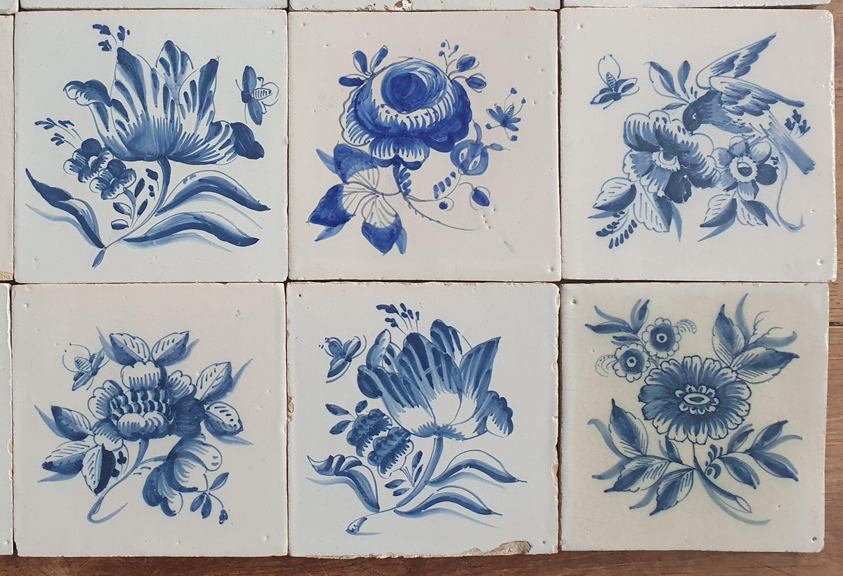 20 x Antique Delft Tiles, 18th Century, Floral Blue Flowers, planttile.