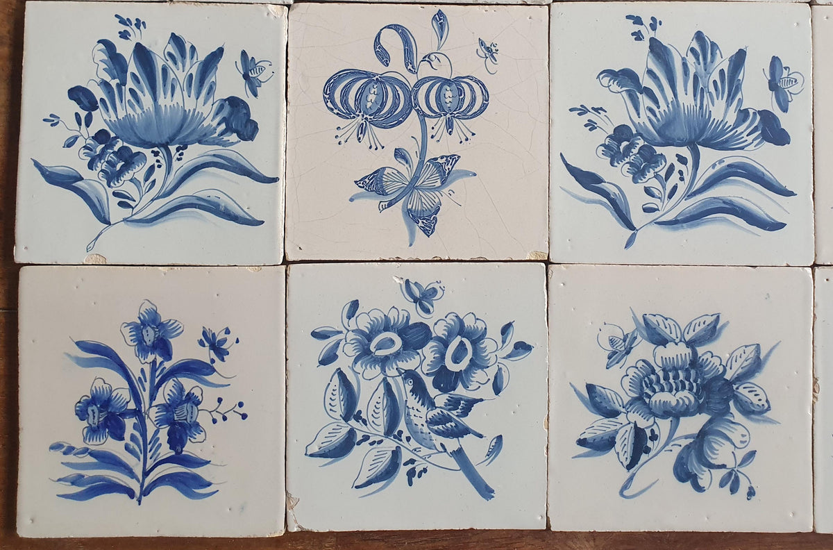 20 x Antique Delft Tiles, 18th Century, Floral Blue Flowers, planttile.