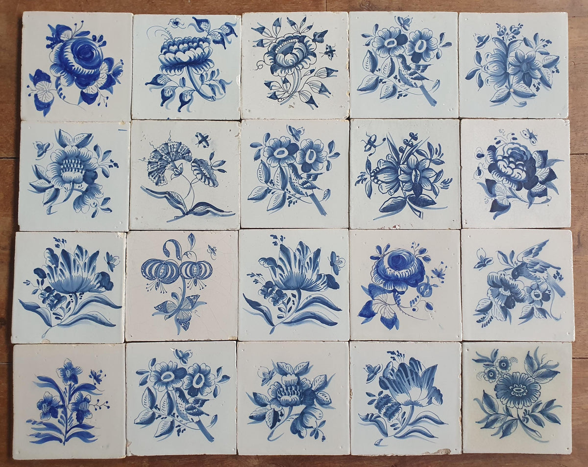 20 x Antique Delft Tiles, 18th Century, Floral Blue Flowers, planttile.