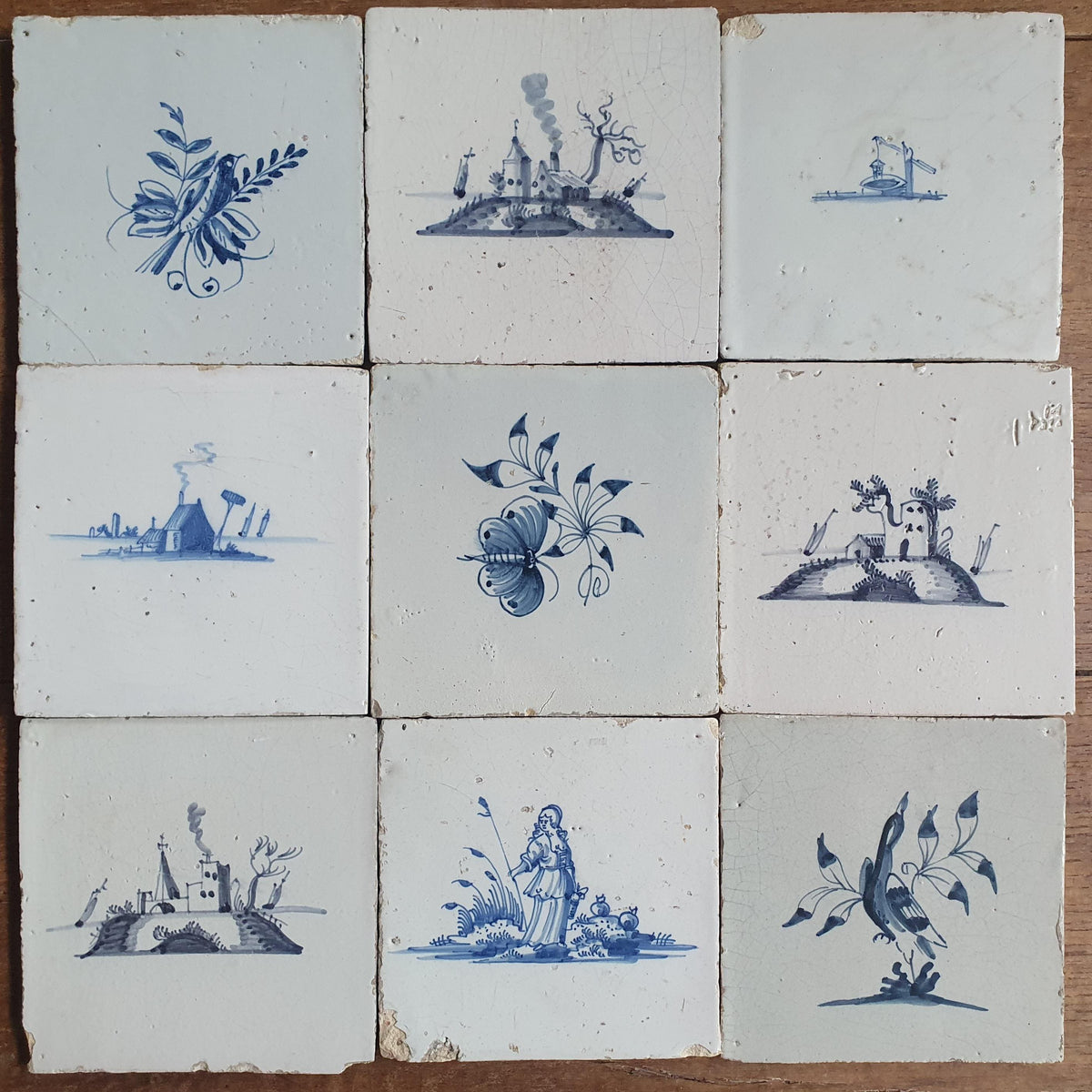 9 x Antique Delft Tiles, 18th Century, Floral Blue Flowers, planttile.