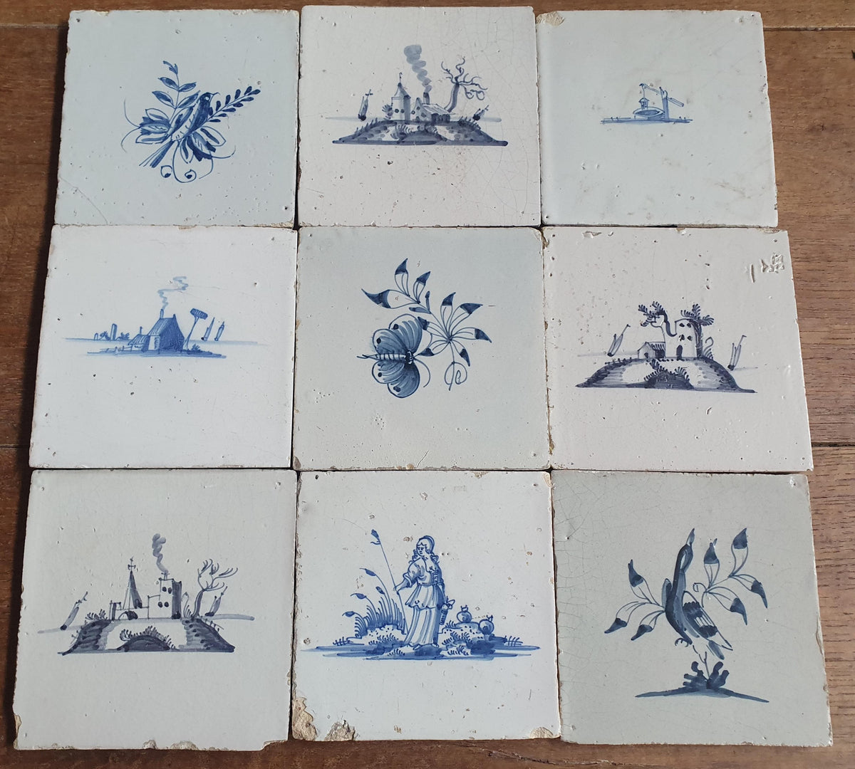 9 x Antique Delft Tiles, 18th Century, Floral Blue Flowers, planttile.