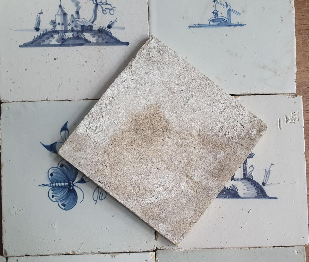 9 x Antique Delft Tiles, 18th Century, Floral Blue Flowers, planttile.