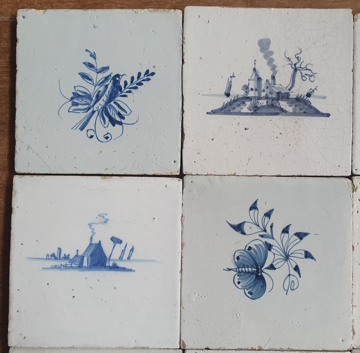 9 x Antique Delft Tiles, 18th Century, Floral Blue Flowers, planttile.