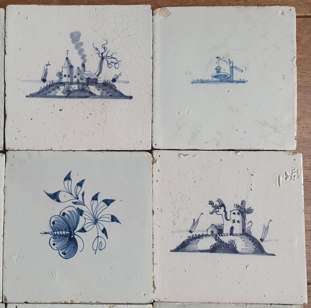 9 x Antique Delft Tiles, 18th Century, Floral Blue Flowers, planttile.