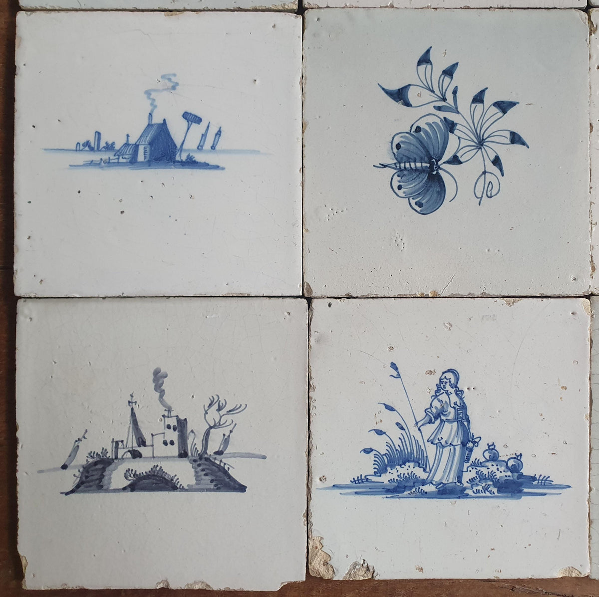 9 x Antique Delft Tiles, 18th Century, Floral Blue Flowers, planttile.