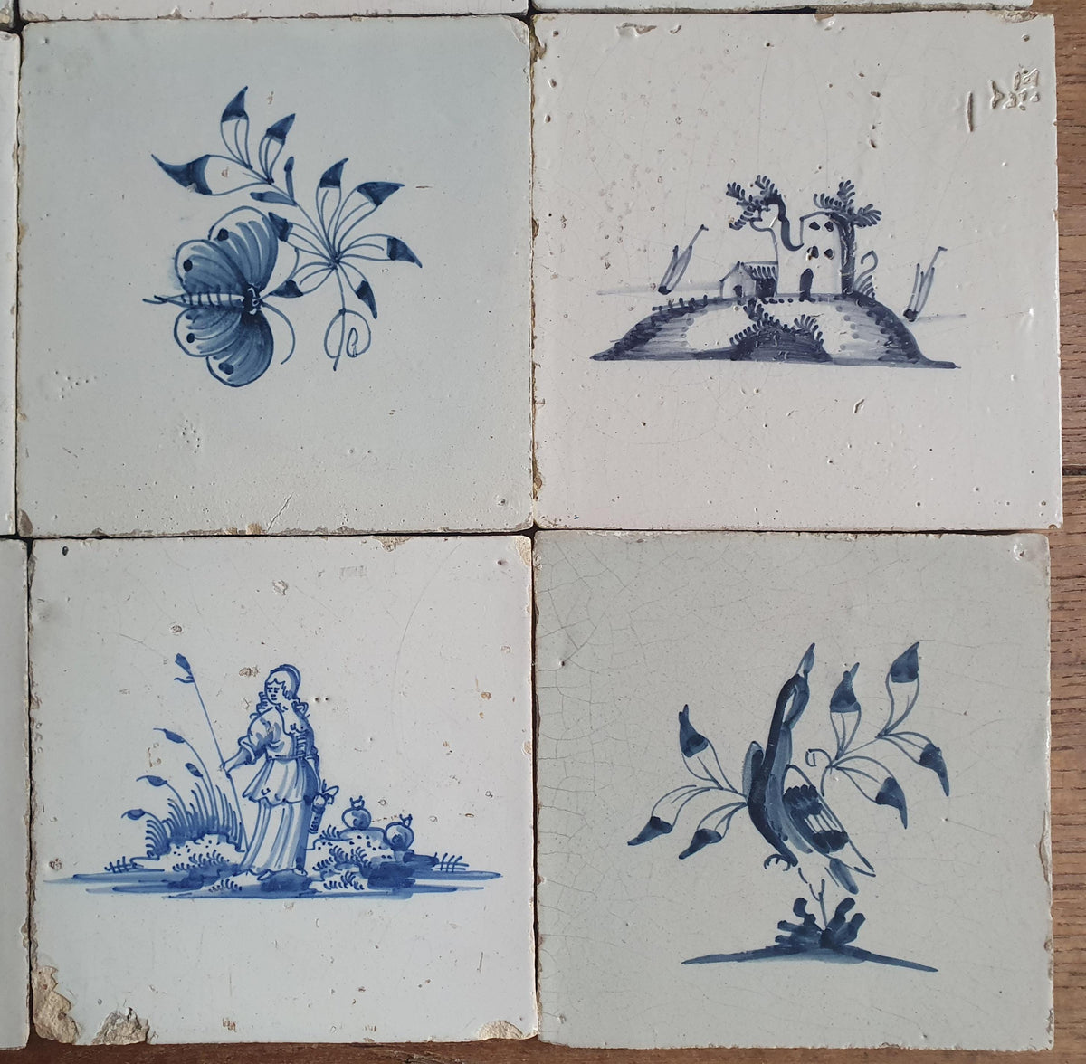 9 x Antique Delft Tiles, 18th Century, Floral Blue Flowers, planttile.