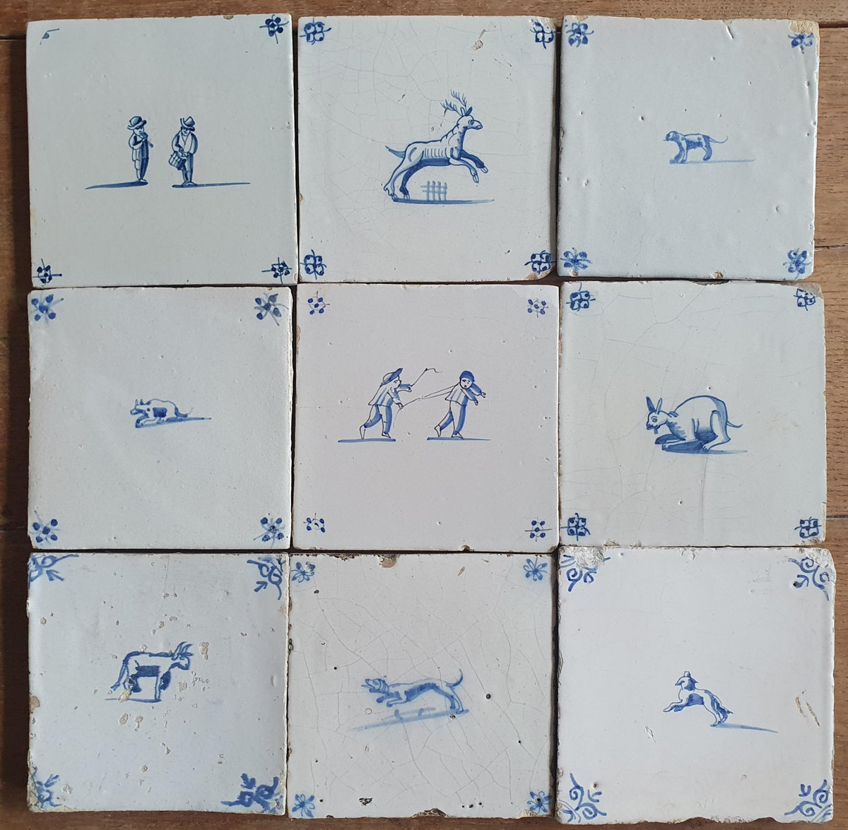 9x Antique Delft tiles, 17th Century Dutch Wall tile,Decor animaltile