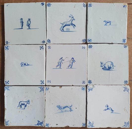9x Antique Delft tiles, 17th Century Dutch Wall tile,Decor animaltile