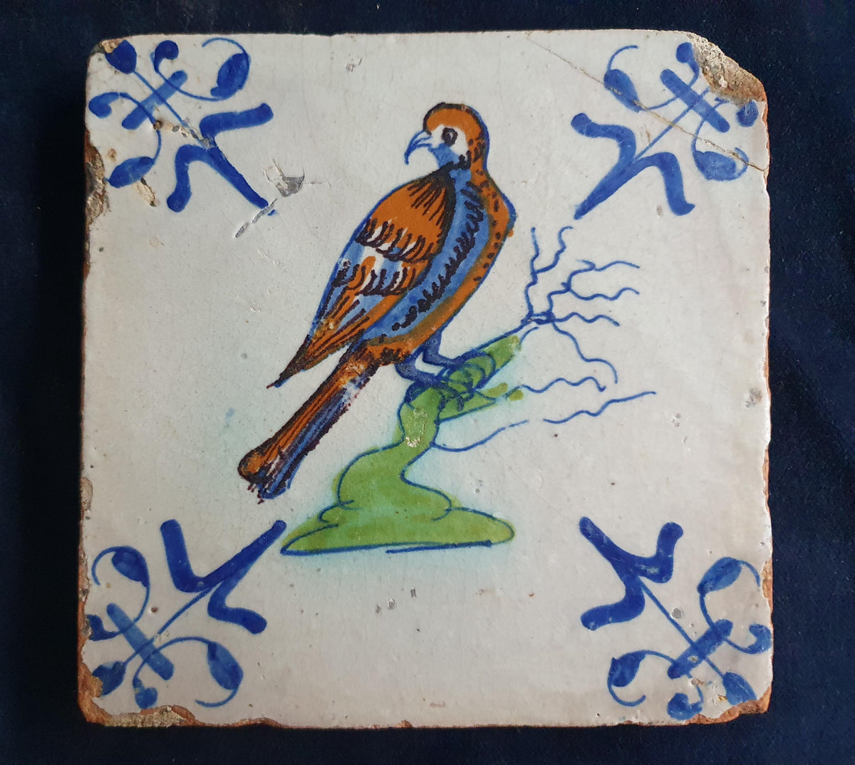 Antique Delft Tile - Polychrome  Bird of prey, Lilyhead Motifs, Around 1625