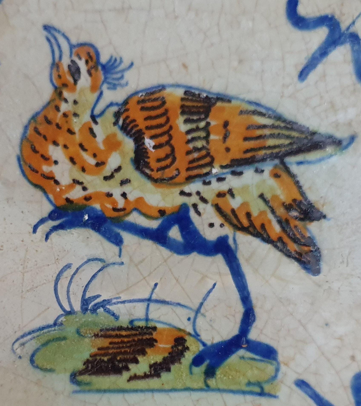 Antique Delft Tile - Polychrome  Bird with lily corner Motifs, Around 1640