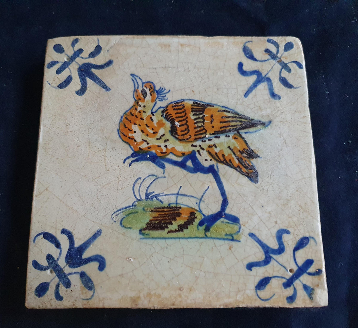 Antique Delft Tile - Polychrome  Bird with lily corner Motifs, Around 1640