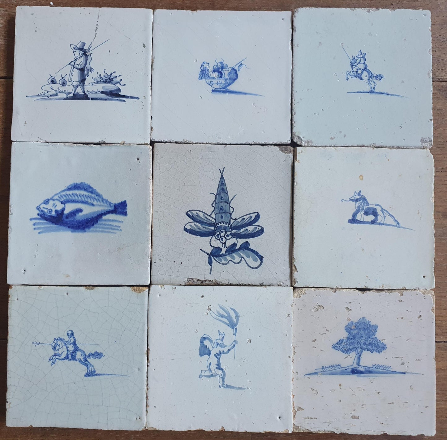 9 x Antique Delft Mix Tiles, 17th-18th  Century Dutch Wall Decor. figuetile