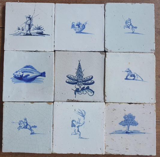9 x Antique Delft Mix Tiles, 17th-18th  Century Dutch Wall Decor. figuetile