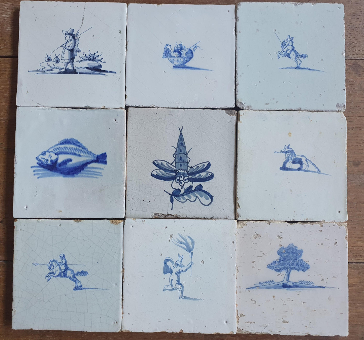 9 x Antique Delft Mix Tiles, 17th-18th  Century Dutch Wall Decor. figuetile