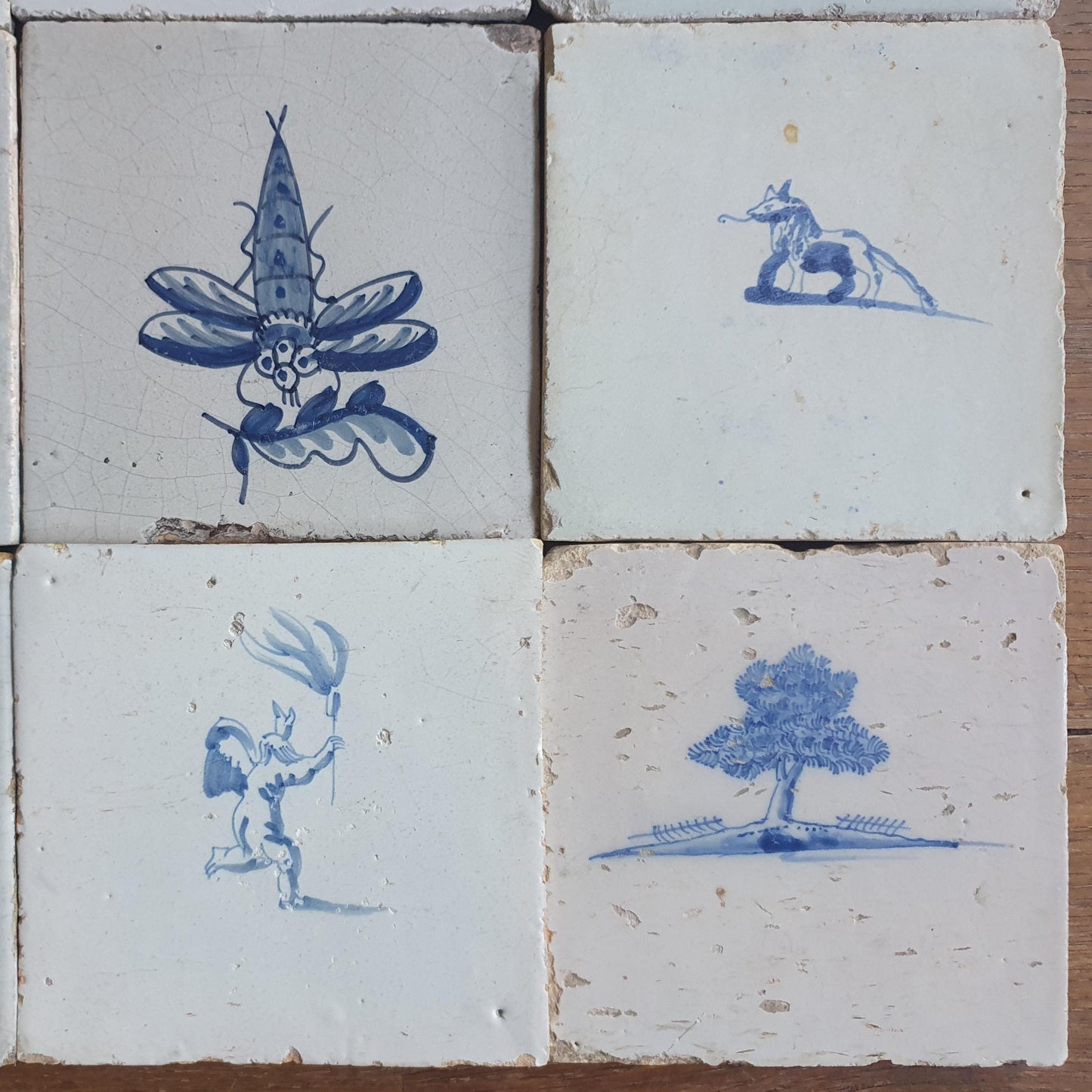 9 x Antique Delft Mix Tiles, 17th-18th  Century Dutch Wall Decor. figuetile