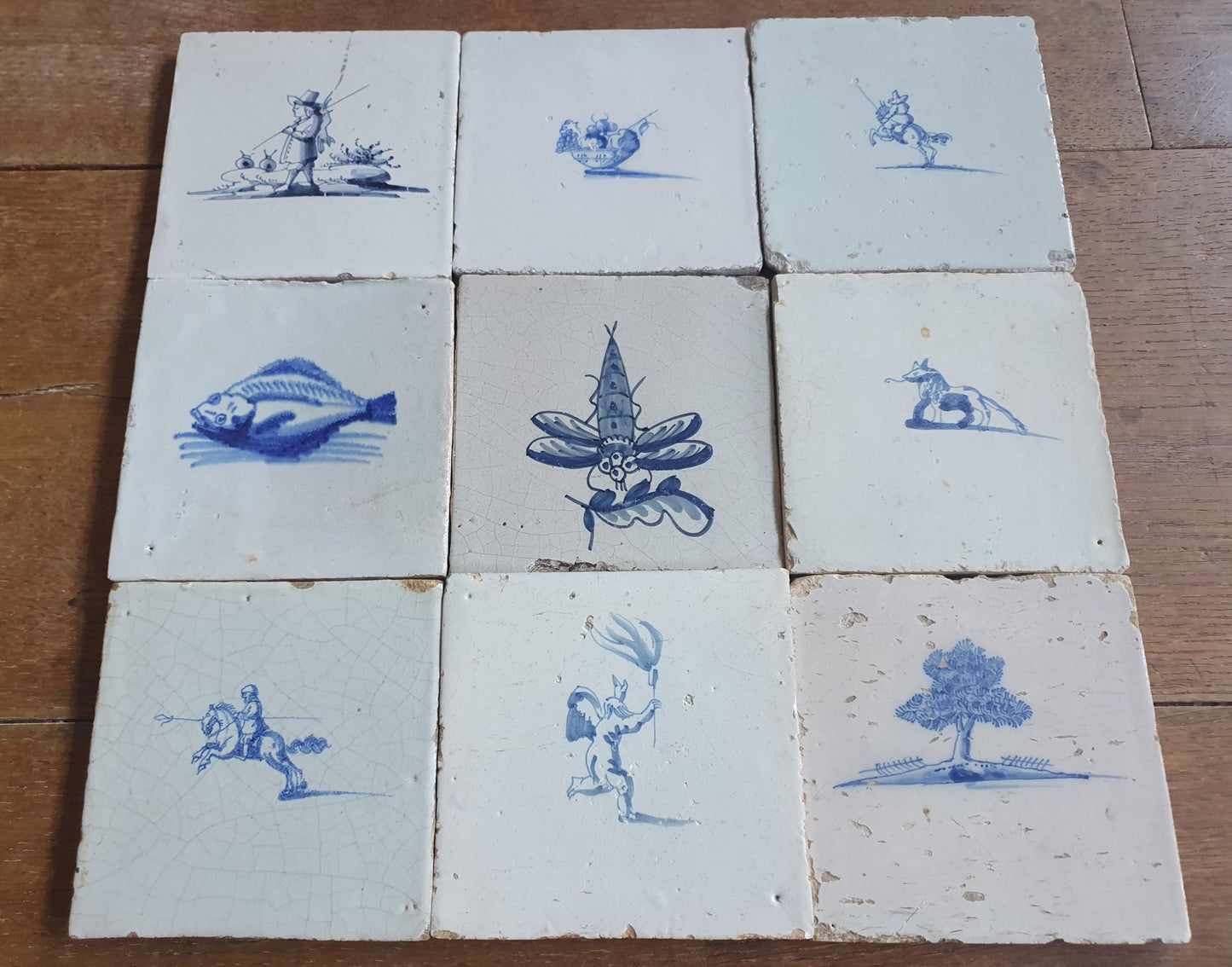 9 x Antique Delft Mix Tiles, 17th-18th  Century Dutch Wall Decor. figuetile