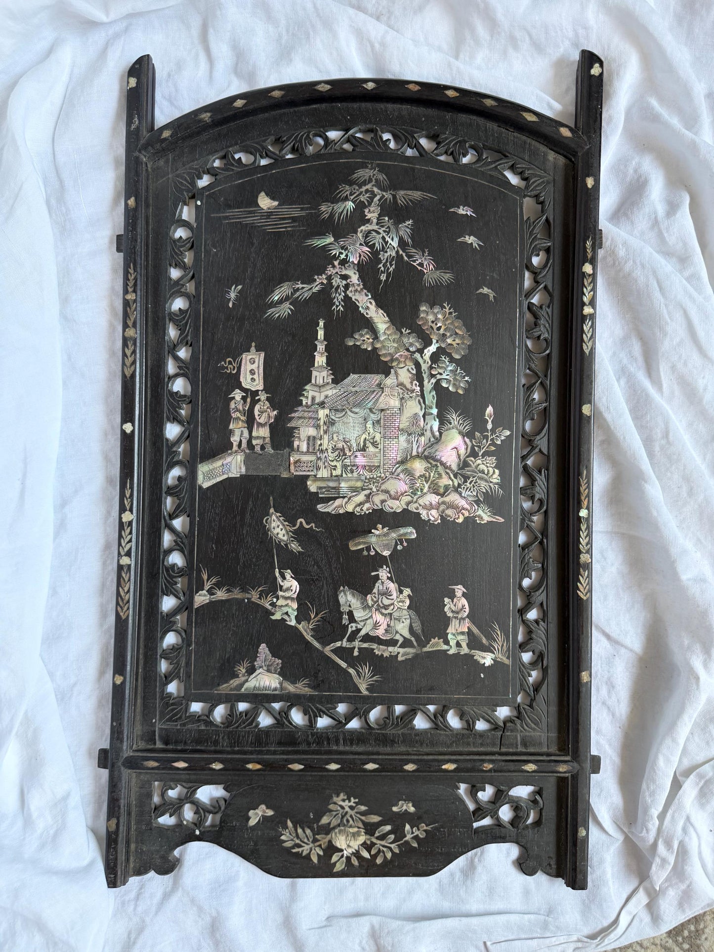 Antique Chinese Carved Wood Panel door with Mother of Pearl Inlay, Early 20th Century