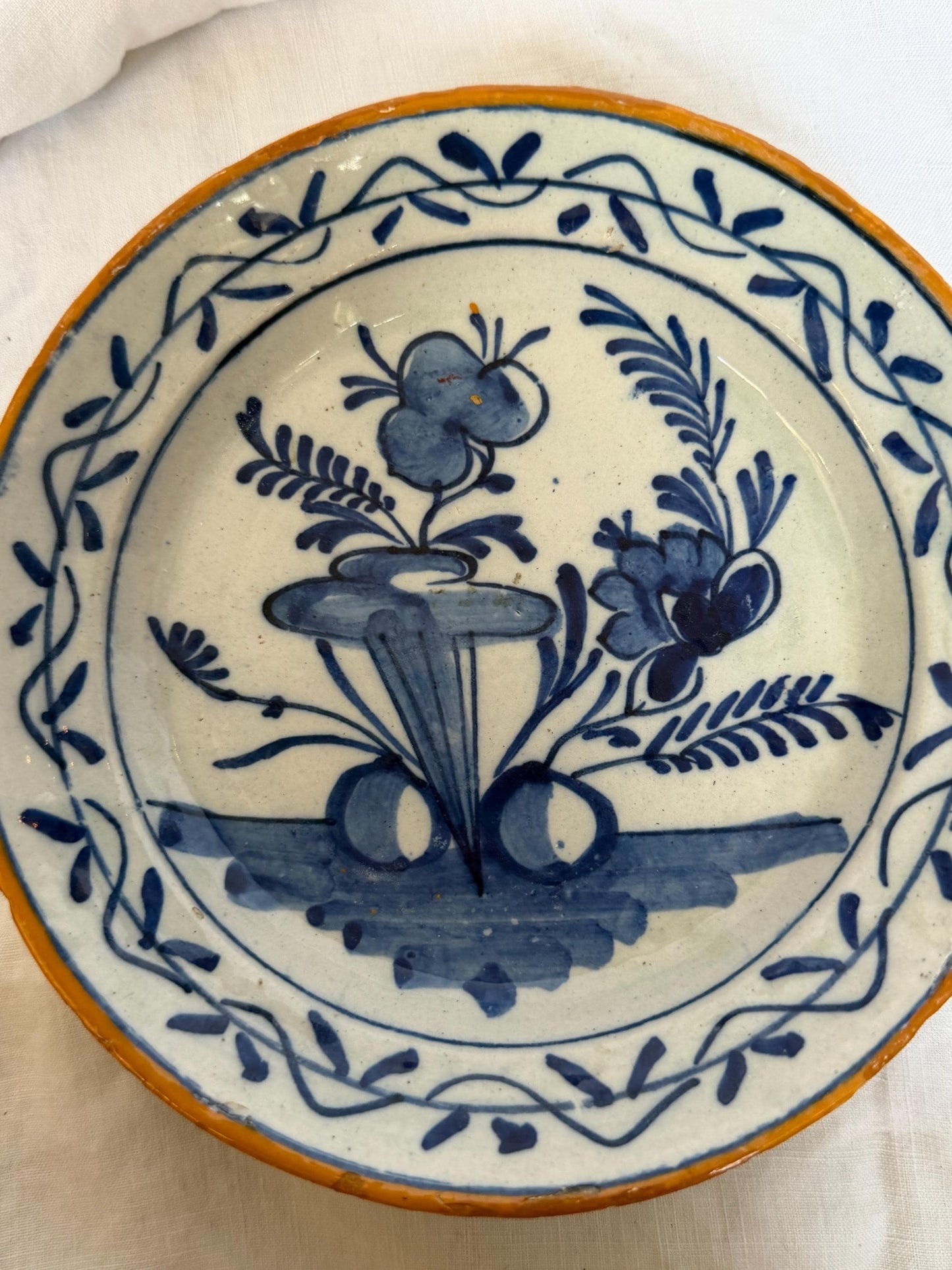 Antique Delft Plate, pottery,  18th Century Dutch Chinoiserie, Oriental flower Decor. Wall dish