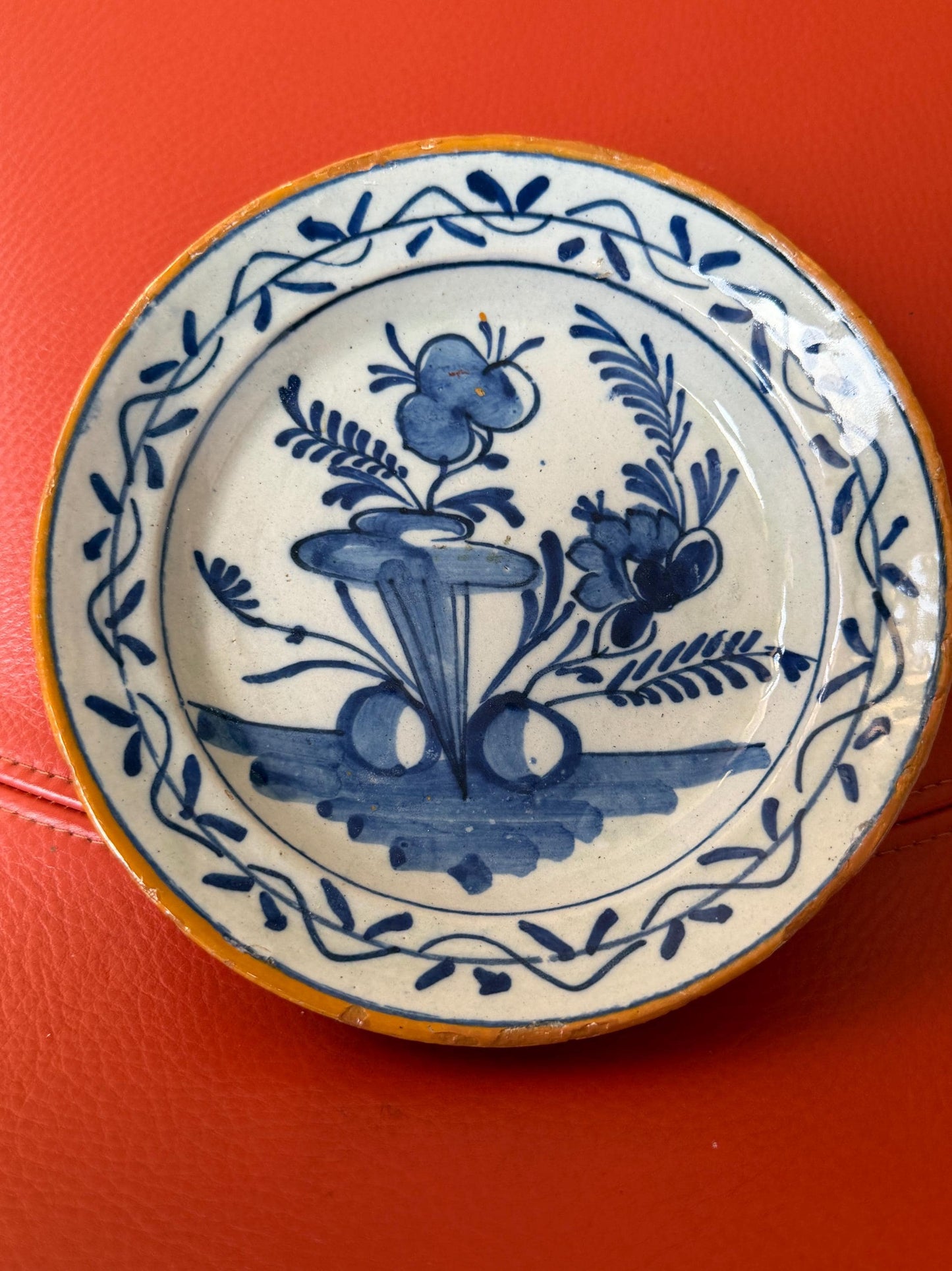 Antique Delft Plate, pottery,  18th Century Dutch Chinoiserie, Oriental flower Decor. Wall dish