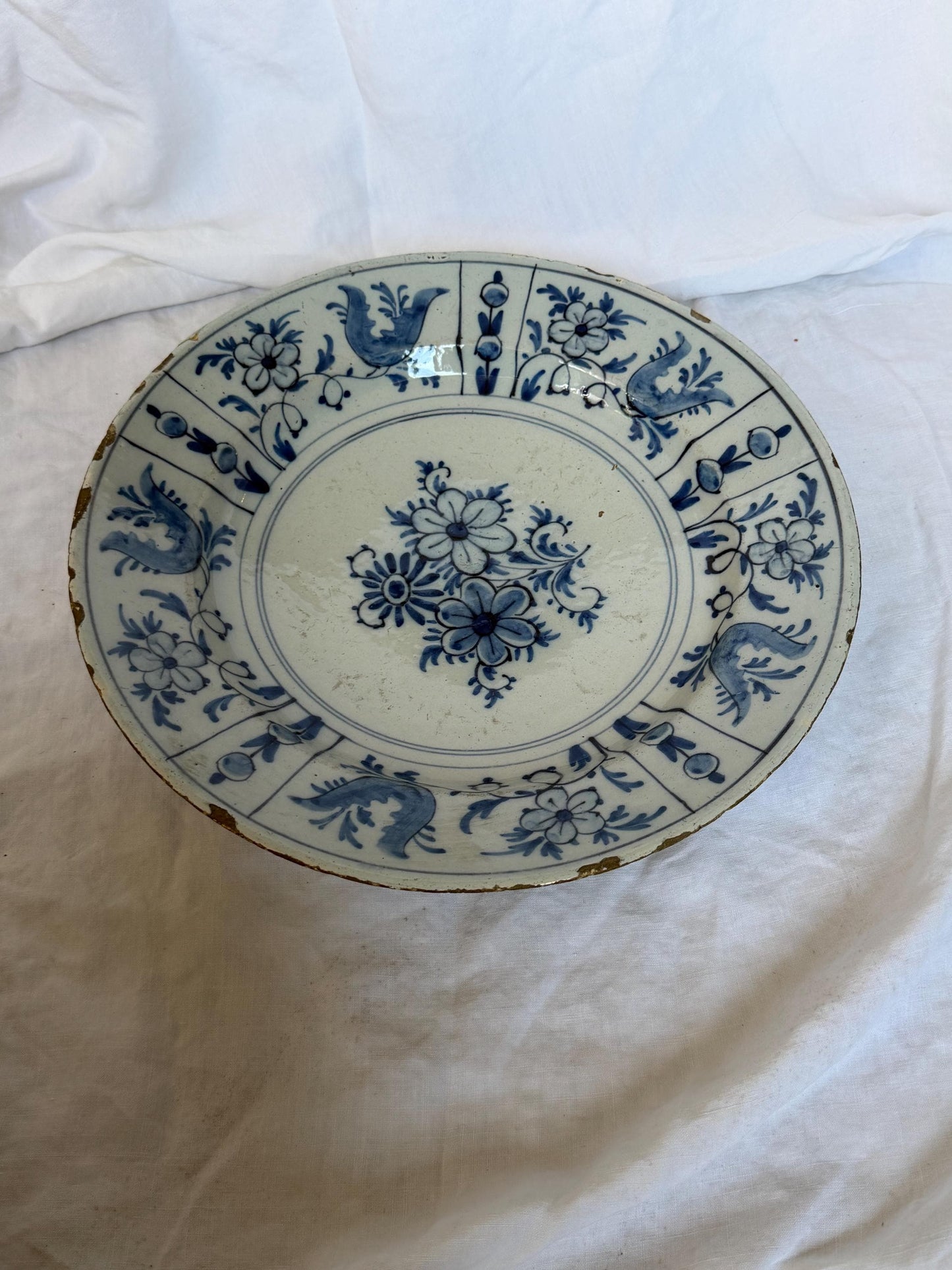 Antique XL  Delft Plate, pottery,  18th Century Dutch Chinoiserie, Oriental flower Decor. Large Wall dish wan li style