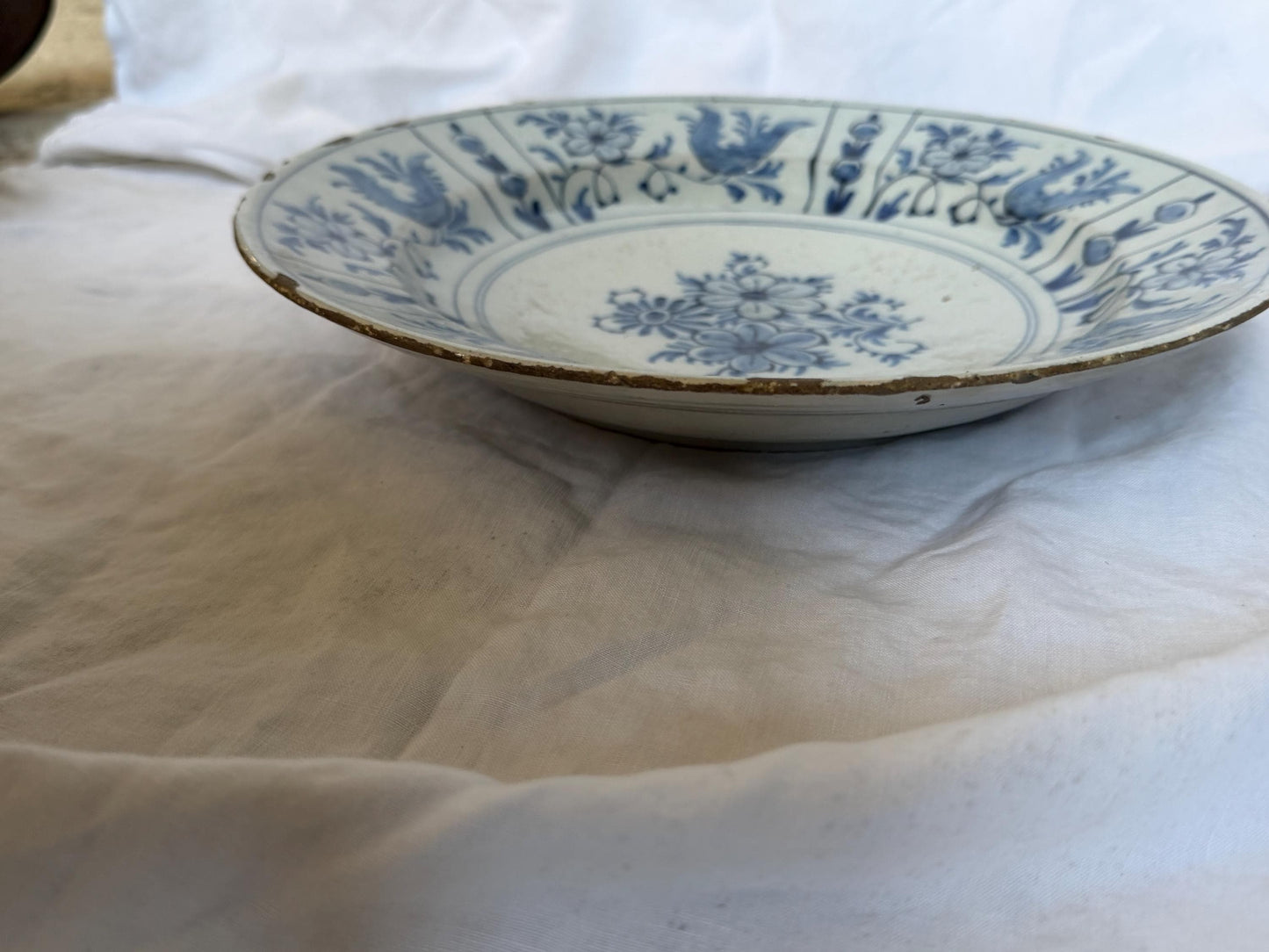 Antique XL  Delft Plate, pottery,  18th Century Dutch Chinoiserie, Oriental flower Decor. Large Wall dish wan li style
