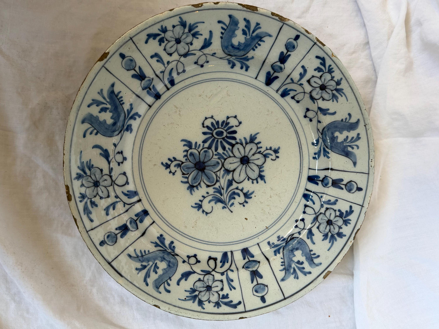 Antique XL  Delft Plate, pottery,  18th Century Dutch Chinoiserie, Oriental flower Decor. Large Wall dish wan li style