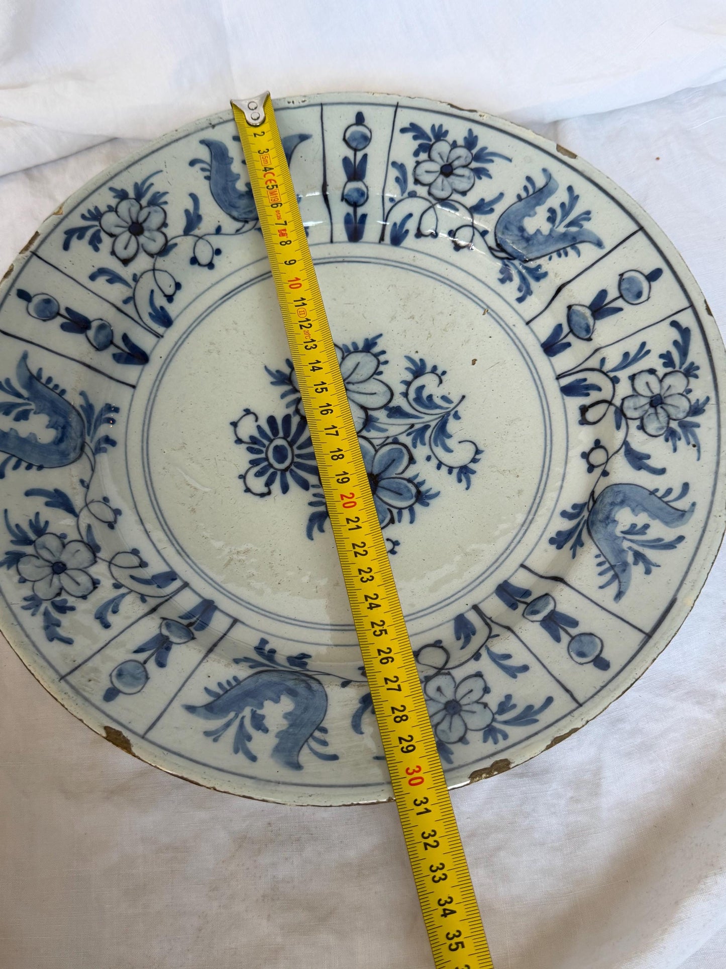 Antique XL  Delft Plate, pottery,  18th Century Dutch Chinoiserie, Oriental flower Decor. Large Wall dish wan li style