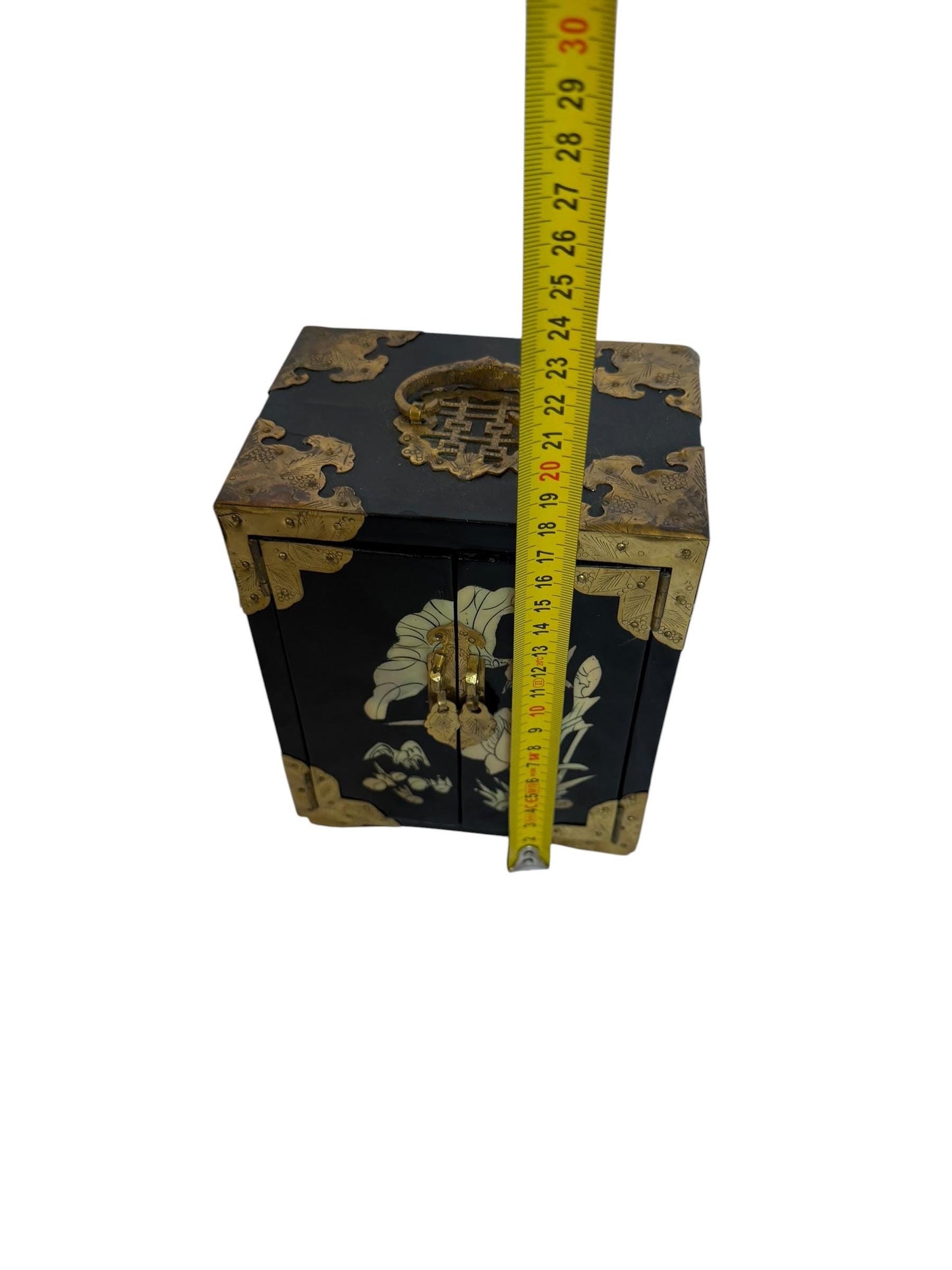 Vintage Chinese Lacquer Jewelry cabinet Box, Mother of Pearl Inlay, Wood Cabinet incl locker