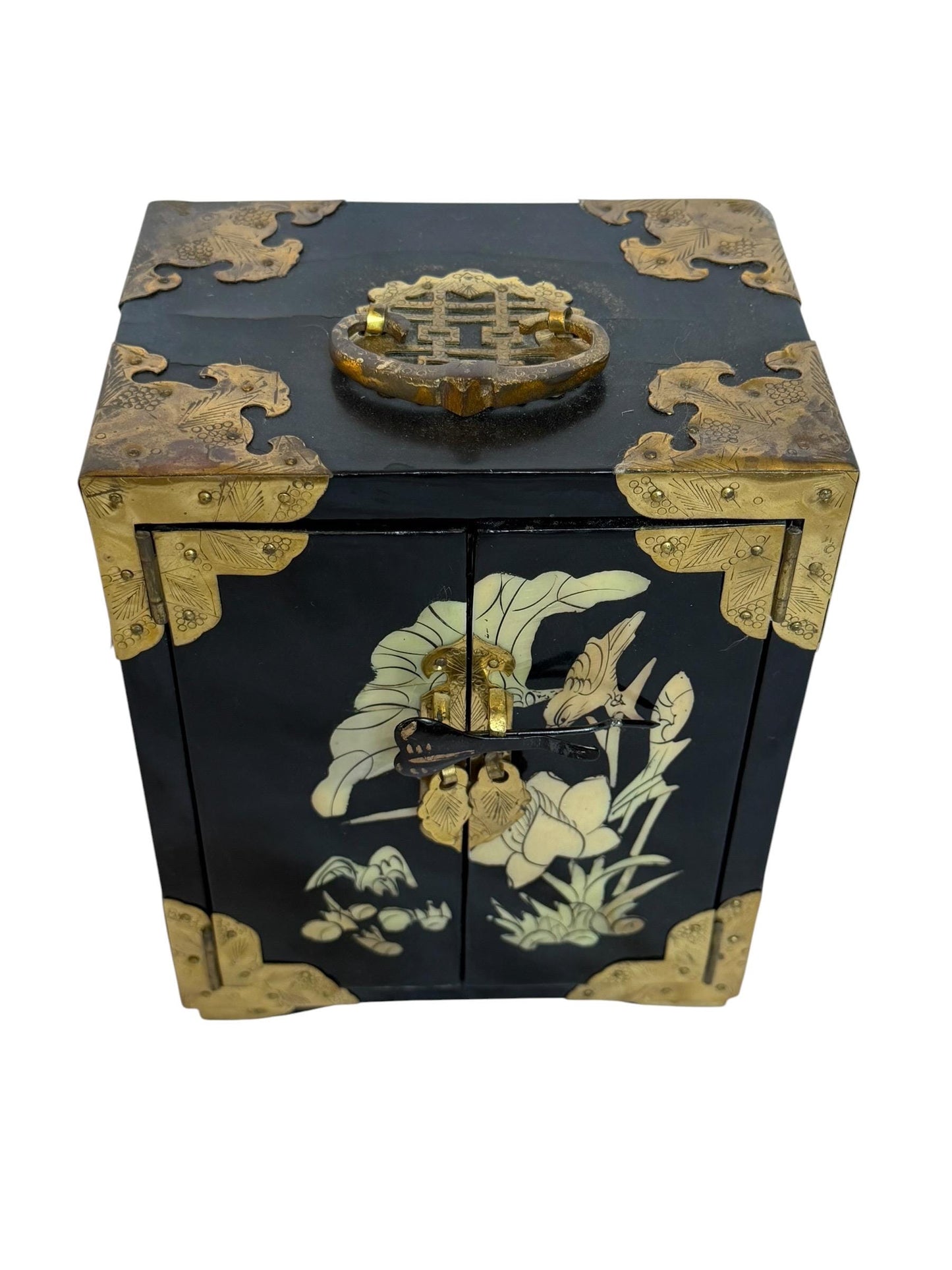 Vintage Chinese Lacquer Jewelry cabinet Box, Mother of Pearl Inlay, Wood Cabinet incl locker