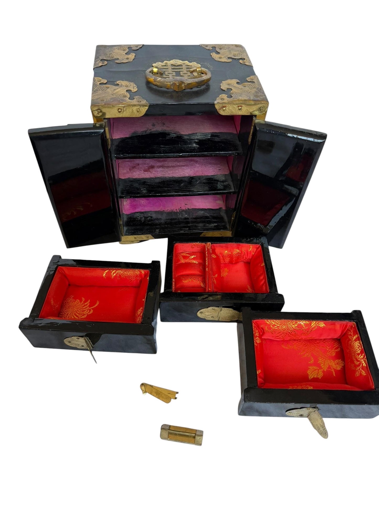 Vintage Chinese Lacquer Jewelry cabinet Box, Mother of Pearl Inlay, Wood Cabinet incl locker